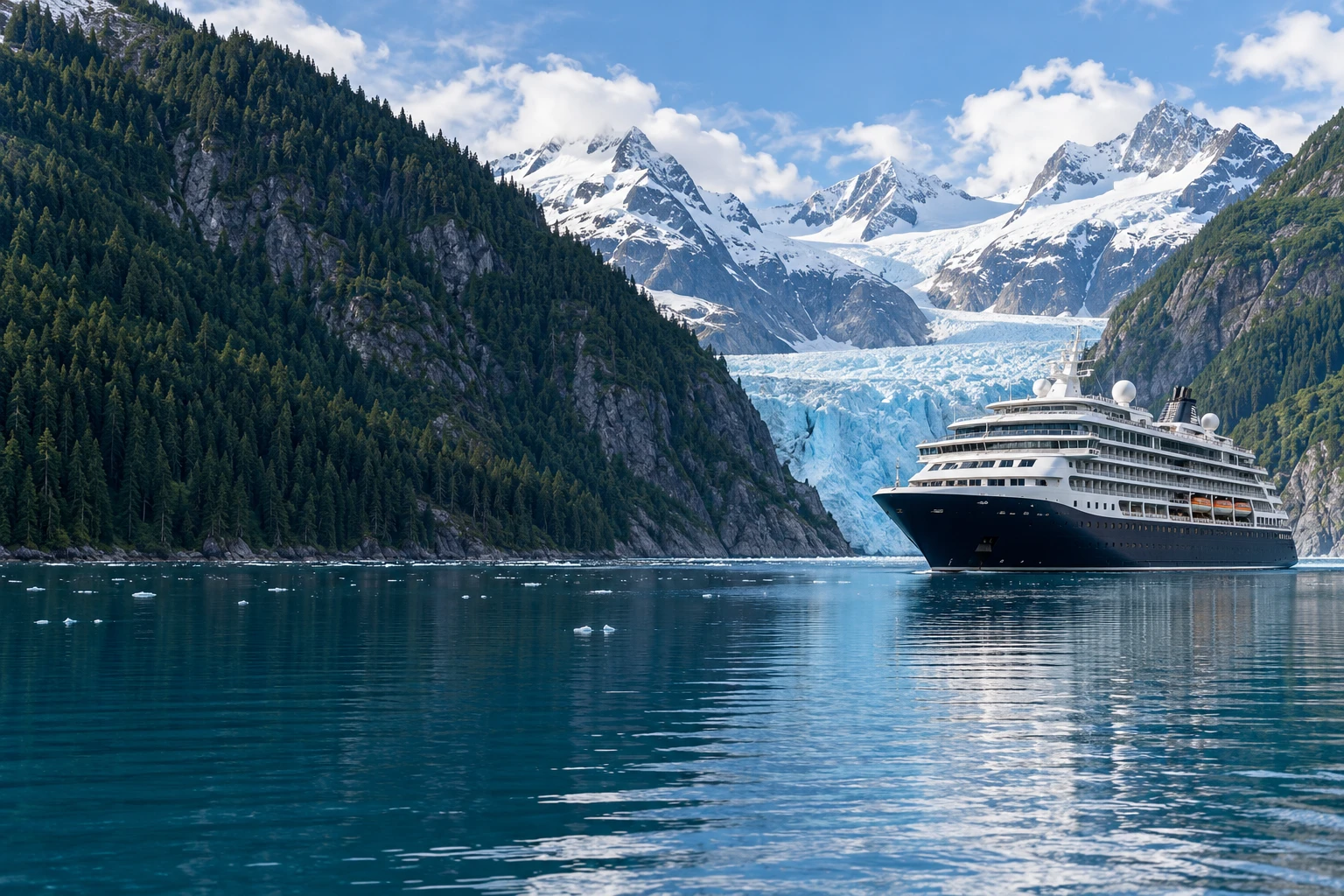 Cruise ship in an Alaska fjord surrounded by mountains and a glacier