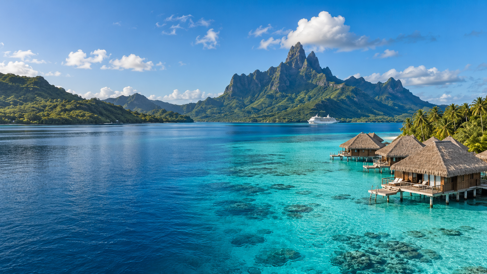 Bora Bora lagoon and Mount Otemanu, South Pacific travel illustration